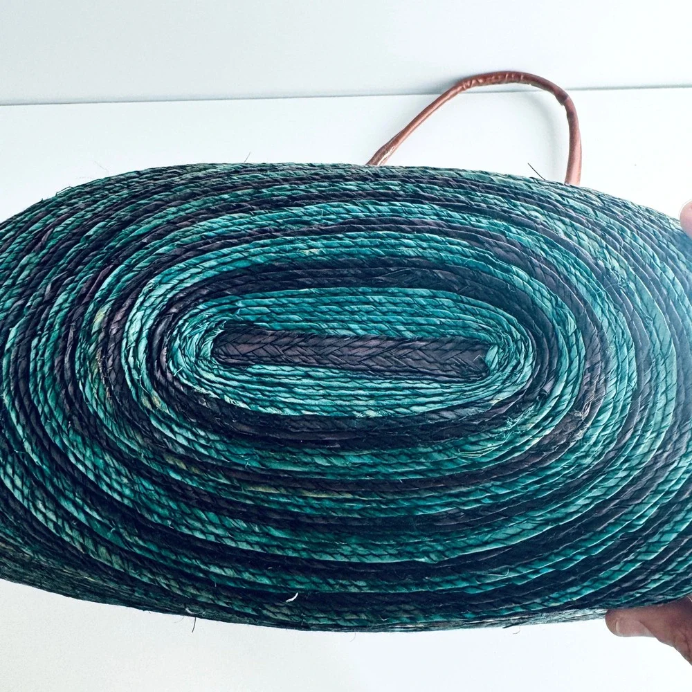 Large Woven Straw Beach Tote Bag Teal Blue Striped Fan Shape Shoulder Bag Zipper
